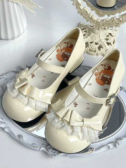 Details Accents Sweet PU Round Lace Beige Lolita Toe Shoes Bow in
