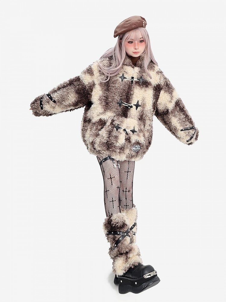 Strap Design Faux Fur Leg Warmers with Crossed Khaki Beige/Black Beige