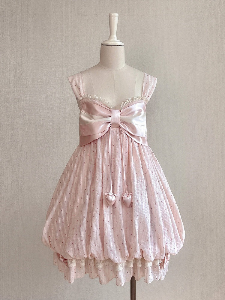 Pink Bow Polka Dot Sleeveless Bubble Dress with Lace - Tan Tuan