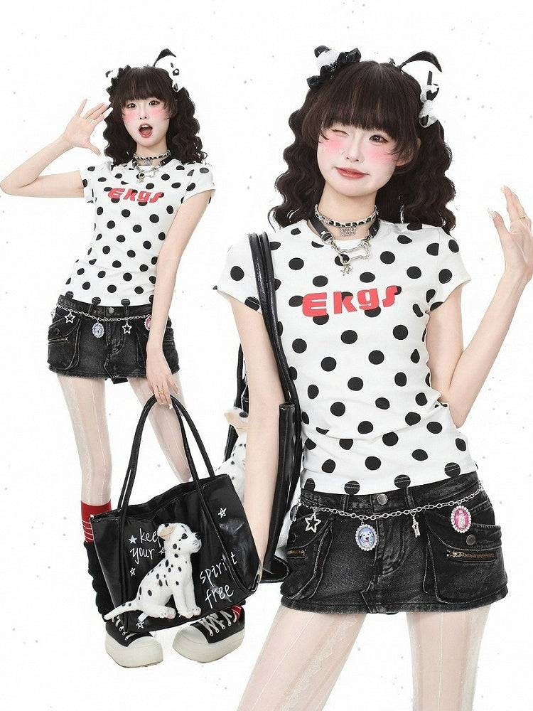 White & Black Polka Dot Pattern Short Sleeve Top - Languid Park
