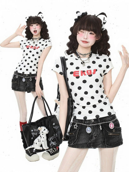 White & Black Polka Dot Pattern Short Sleeve Top - Languid Park
