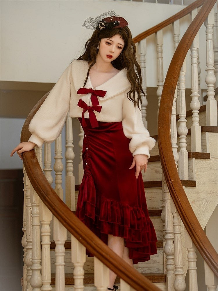 Elegant Red Mermaid Dress Coat Classic Lolita Set +