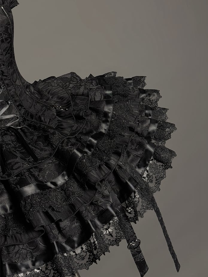 Strappy Skirt Black Heart Buckle Kuro Gothic Lolita Ruffles Tiered