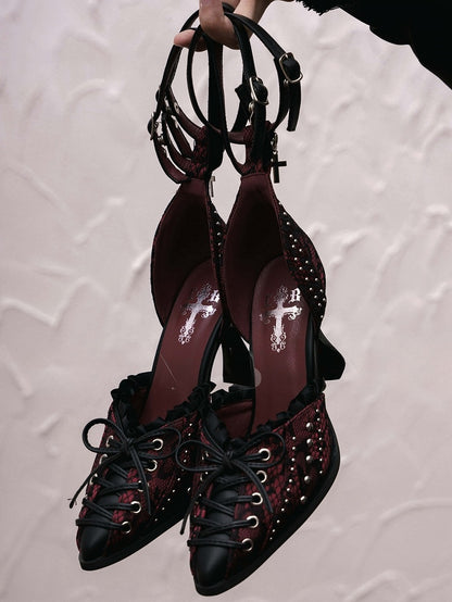 Studded Details Pointed - Cross Lacing Toe High Heels Accents with Gothic Red