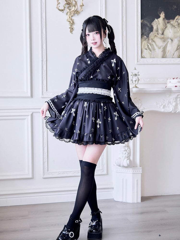 Weißer Print Lace Kei mit Taillenkontrast und schwarzem Rock Jirai Saum Cross High