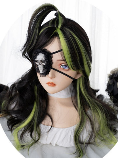 黒と緑のハイライト 60cm ロングウェーブウィッグ（前髪付き）