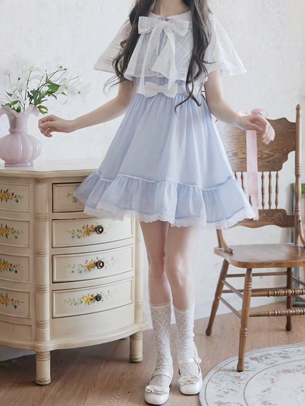 Jirai Kei Light Blue Peter Pan Collar Cape Design Faux Two-pieces Dress