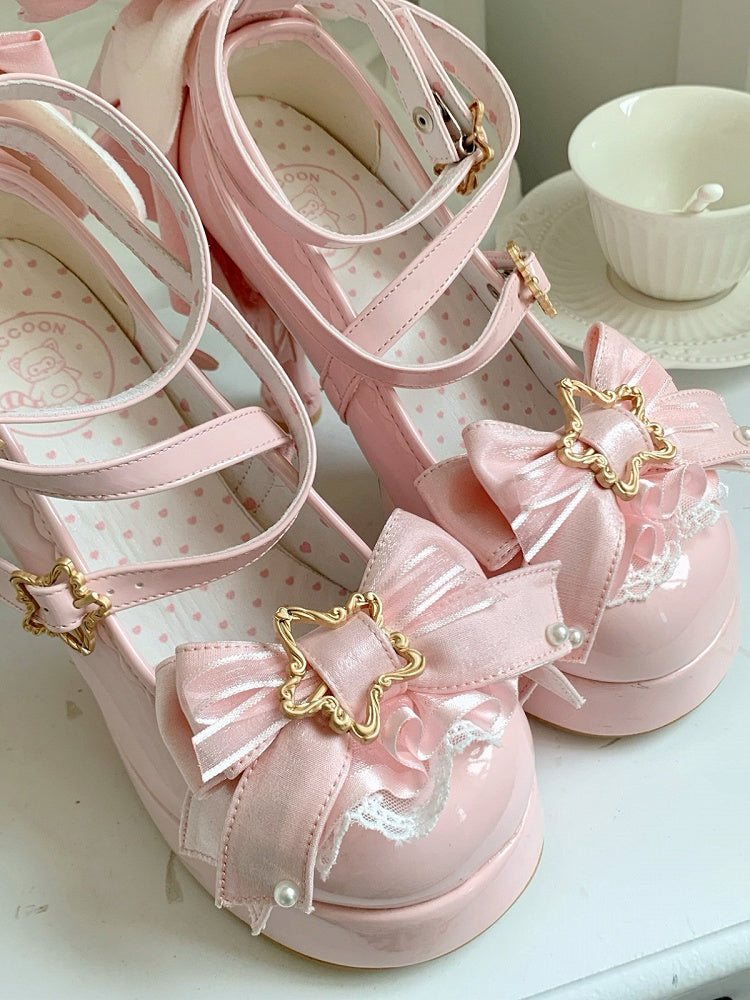 Pink Sweet Lolita High Heels 11cm with Heart Bowknot and Star Buckle Accents - Raccoon toast