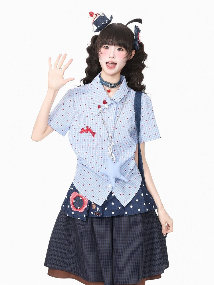 Heart Print Blue Asymmetrical Dolphin Embroidered Shirt - Languid Park