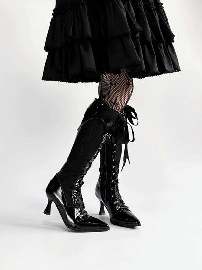Gothic Lolita Embroidered Lace Witch Pointed Toe High Heel Boots - EvilStar