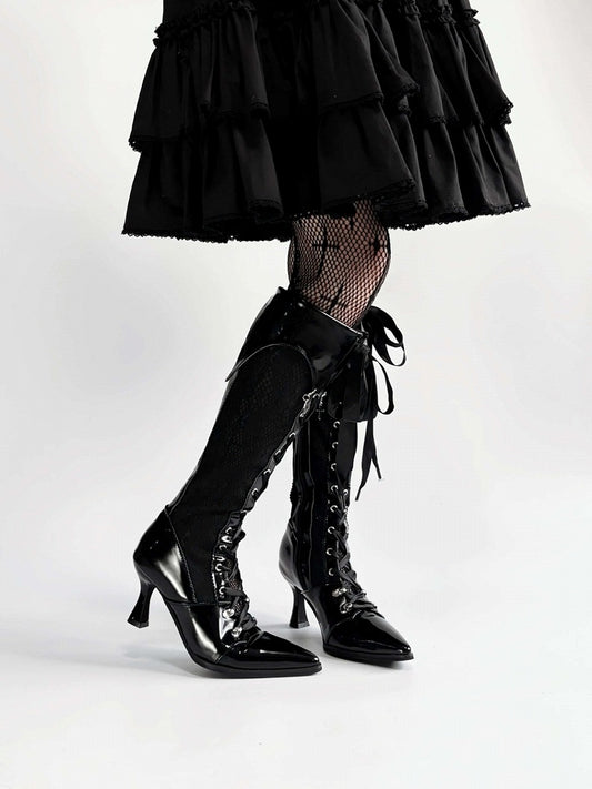 Gothic Lolita Embroidered Lace Witch Pointed Toe High Heel Boots - EvilStar