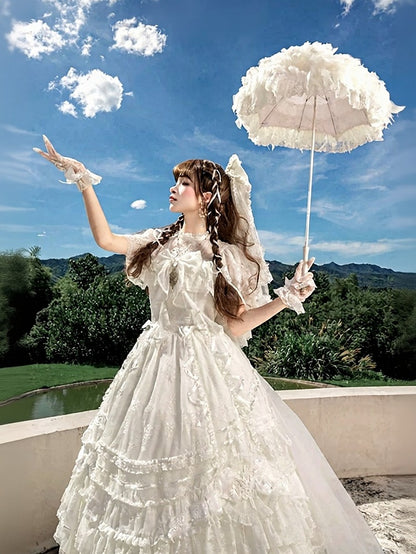 Ivory Floral Embroidered Lolita Gown with Lace Trim and Bow Train - Mademoiselle Pearl