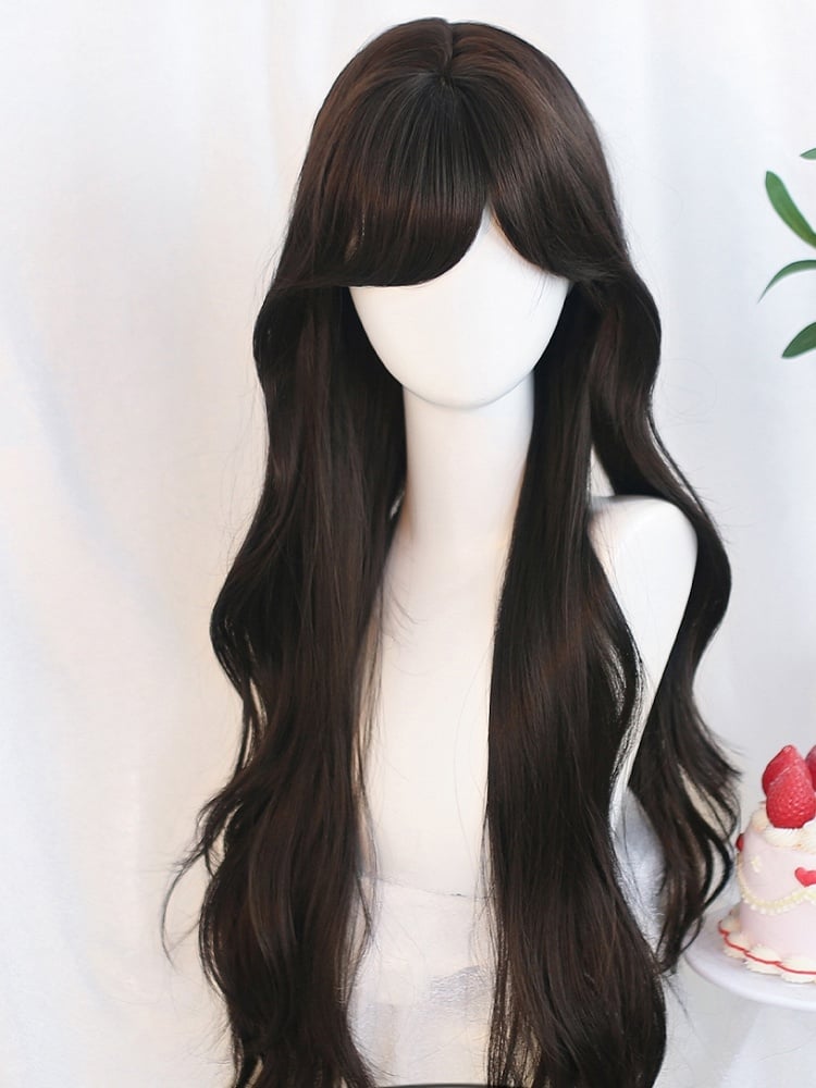 Lange, gewellte Perücke (65–70 cm) mit seitlich gefegtem schwarz-braunem Pony