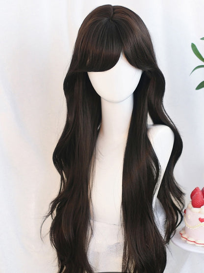 Wig Black/Brown Side-swept Bangs Wavy 65-70cm With Long