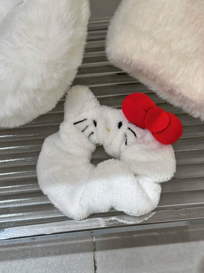 Kawaii White Cat Hair Tie with Red Bow Decoration - IVONA boutique