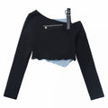 Blue and Black Layered-Look Top with Asymmetric Neckline