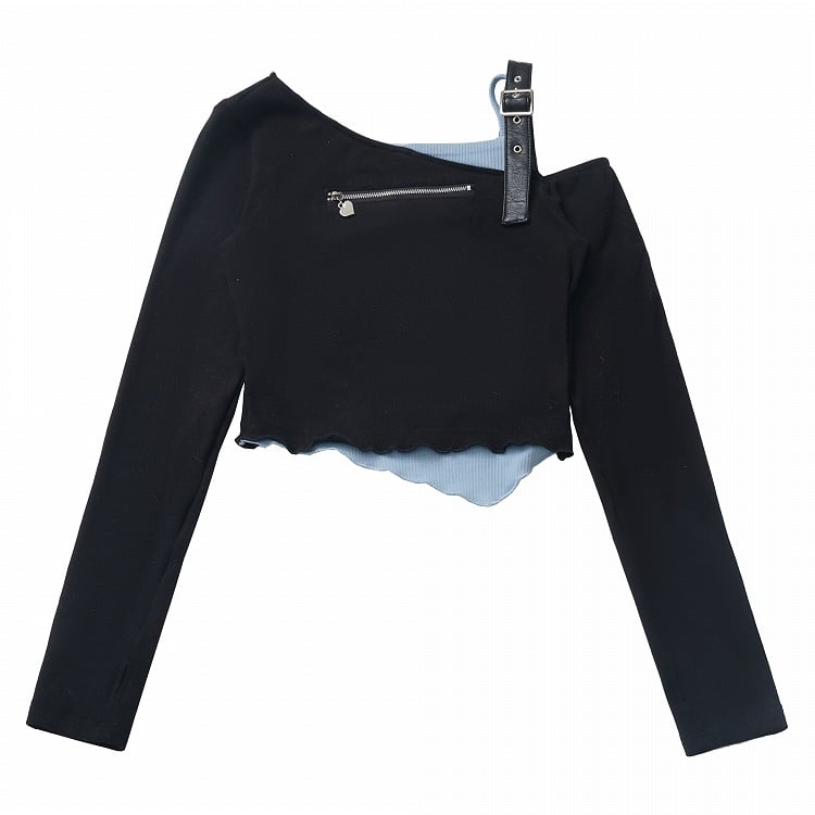 Blue and Black Layered-Look Top with Asymmetric Neckline