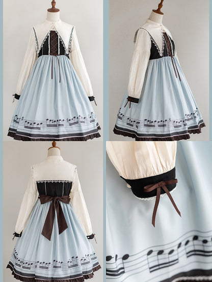Musical Note Blue Autumn Lolita Long Sleeves Dress with Separate Pointed Collar