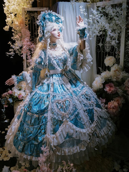 with Sleeves Sweetheart and Ruffle Layers Bell Applique Gorgeous Blue Gown Hime Lolita Beaded Lace