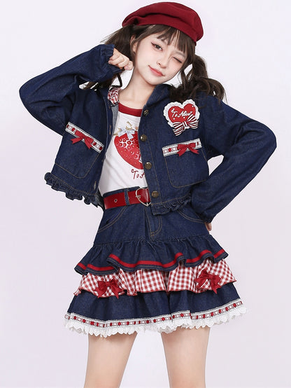 Navy Blue Heart Applique Bunny Ear Hooded Denim Short Jacket Ruffle Hem