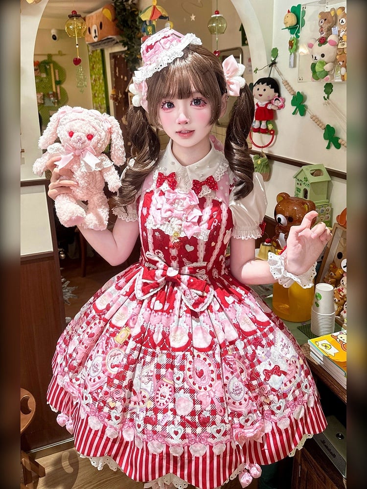 White Short Sleeve Sweet Lolita Ruffled Blouse with Red Polka-Dot Bows - Pastry Chef