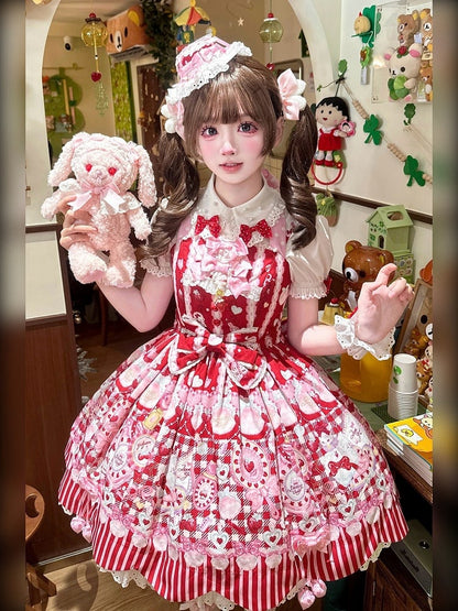 White Short Sleeve Sweet Lolita Ruffled Blouse with Red Polka-Dot Bows - Pastry Chef
