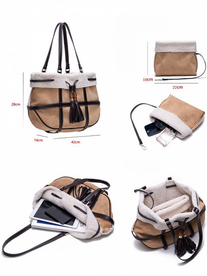 Brown With Trim Bag Tote Fall And Capacity Large Winter Accents Plush Vintage - Knot For Shoulder Bamboo