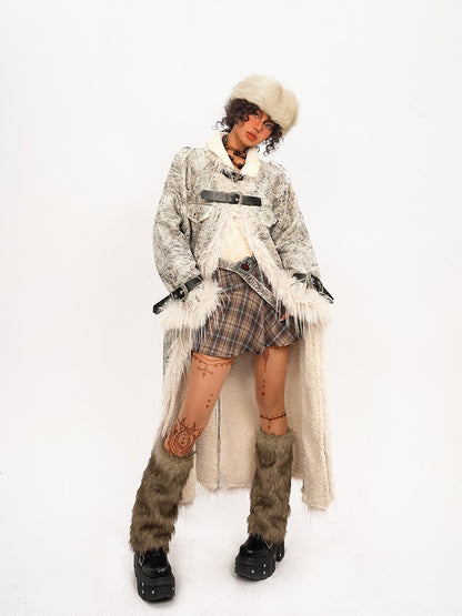 Coat Fur Plush with Straps Adjustable Collar White Mid-Length PU Faux