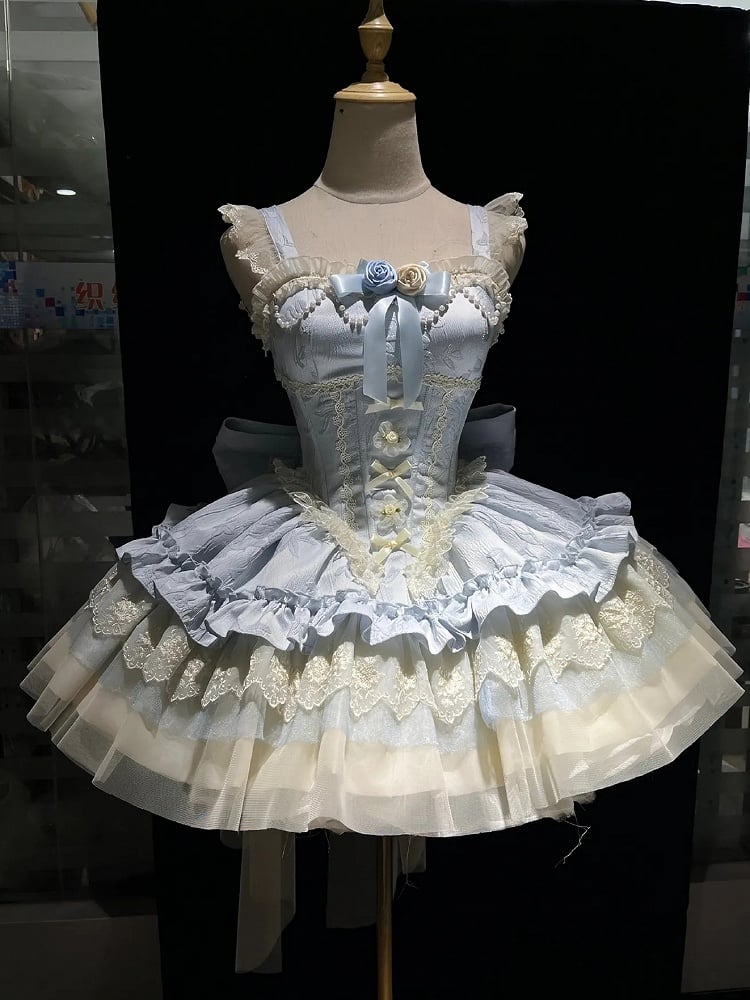 Blaues großes bauschiges Kleid Hime Lolita Balletcore Schleife Stoffschleppe JSK entbeint Baskentaille Jacquard mit