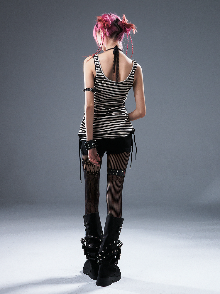 Punk with Shorts BlackWhite Studs Kint Striped Details Drawstring