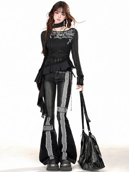 Black/Apricot Drawstring Waist Slim Fit Top with Asymmetrical Ruffle Hem