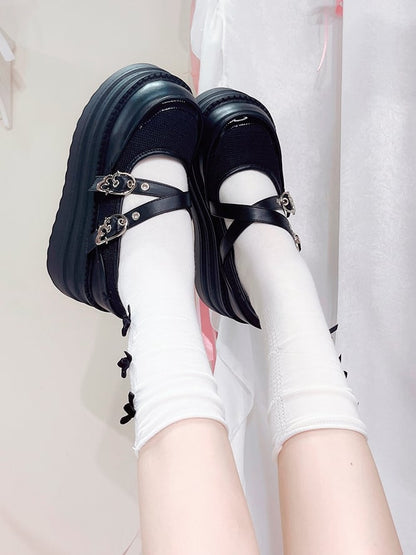 Wing Design Platforms Crisscross Black Buckles