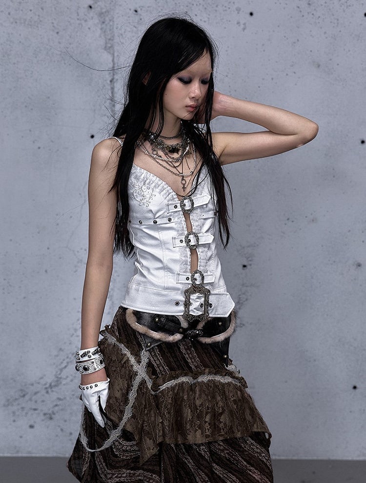 White Rock Studded with Straps Cami Accents Buckle Punk Top