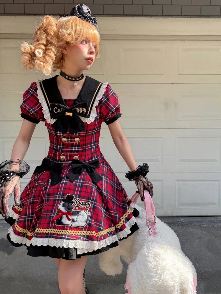 Trim Lace Black Red Sweet Plaid Lolita Dress with Patch Puppy and