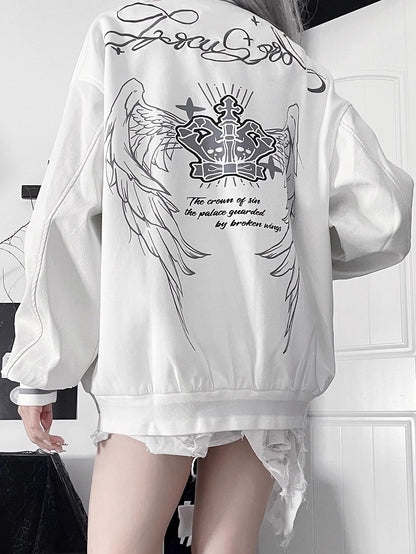 Jacketwith Baseball PrintStriped Gray Cuff Vintage Gothic White Crown+Wing