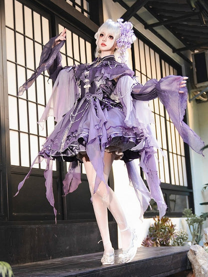 Purple Ruffled Lolita Capelet with Floral Embroidery and Tassel Details - Xiong Dou Jiang