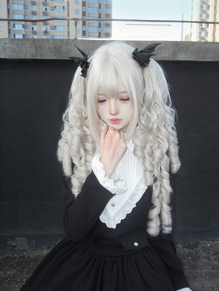 White 35cm Full Bang Wig & 50cm Double Wavy Ponytails Claw Clip - Alice Garden