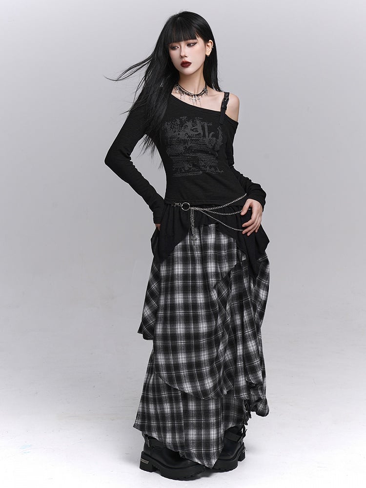Black  Gothic Asymmetrical with Graffiti Top Neck Print