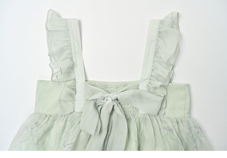 Grüne Flatterärmel mit Schwalben-Cheongsam-Print