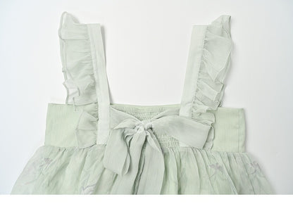 Grüne Flatterärmel mit Schwalben-Cheongsam-Print