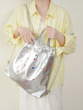Glamorous Silver Drawstring Backpack With Rhinestone Embellishments