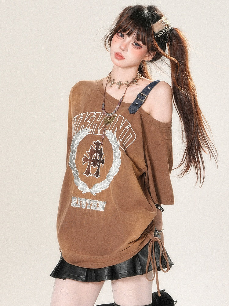 T-shirt Letter Asymmetrical Strap Print Neckline Glamorous Buckle Brown