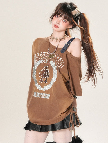 T-shirt Letter Asymmetrical Strap Print Neckline Glamorous Buckle Brown
