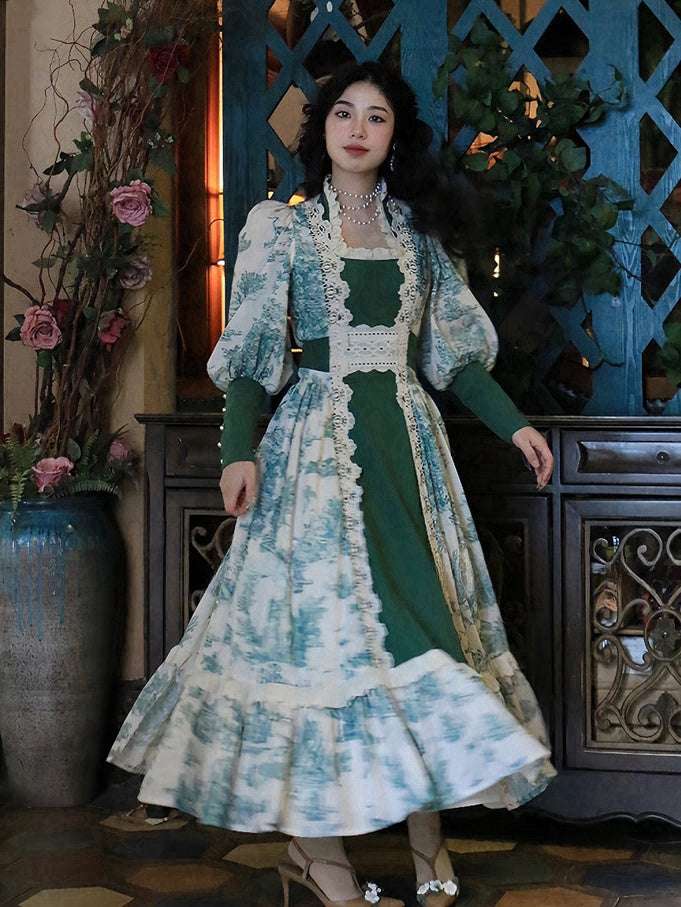 ダークグリーンのヴィンテージフローラルレーストリムスクエアネックラインレッグオブマトンスリーブドレス