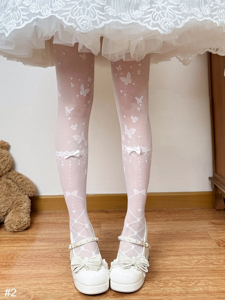 Two-Option White Sheer Lolita Tights with Bow Accents - Fat Bear Story