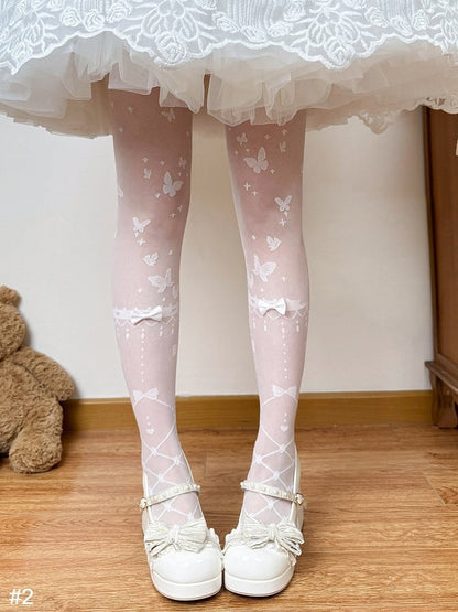 Two-Option White Sheer Lolita Tights with Bow Accents - Fat Bear Story