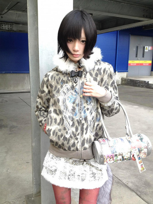 Detachable with Faux Trim Leopard Gray Gyaru Y2K Fur Print Fashion Hoodie