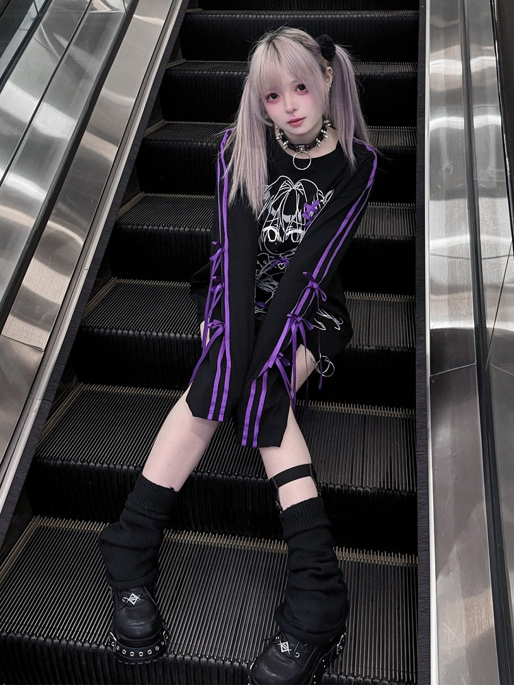 Loose Jirai-Kei Long-Sleeve Tee with Anime Girl Print & Bows in Black Purple - Puzzles