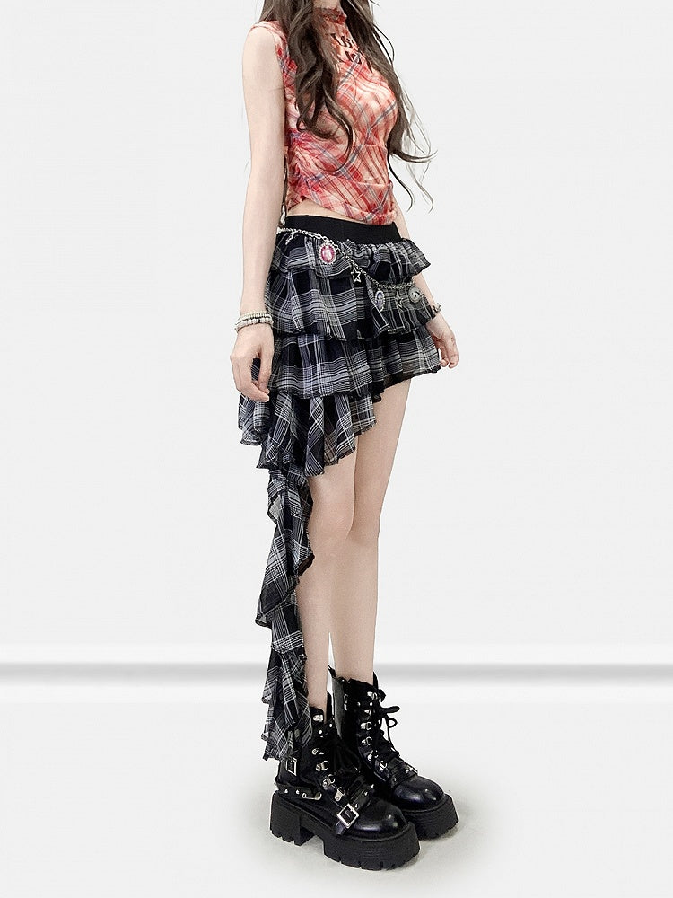 ブラックホワイト ビタースイートパターン チェック柄 裾 アシンメトリー ティアード