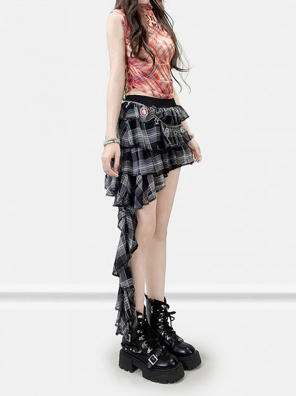 ブラックホワイト ビタースイートパターン チェック柄 裾 アシンメトリー ティアード